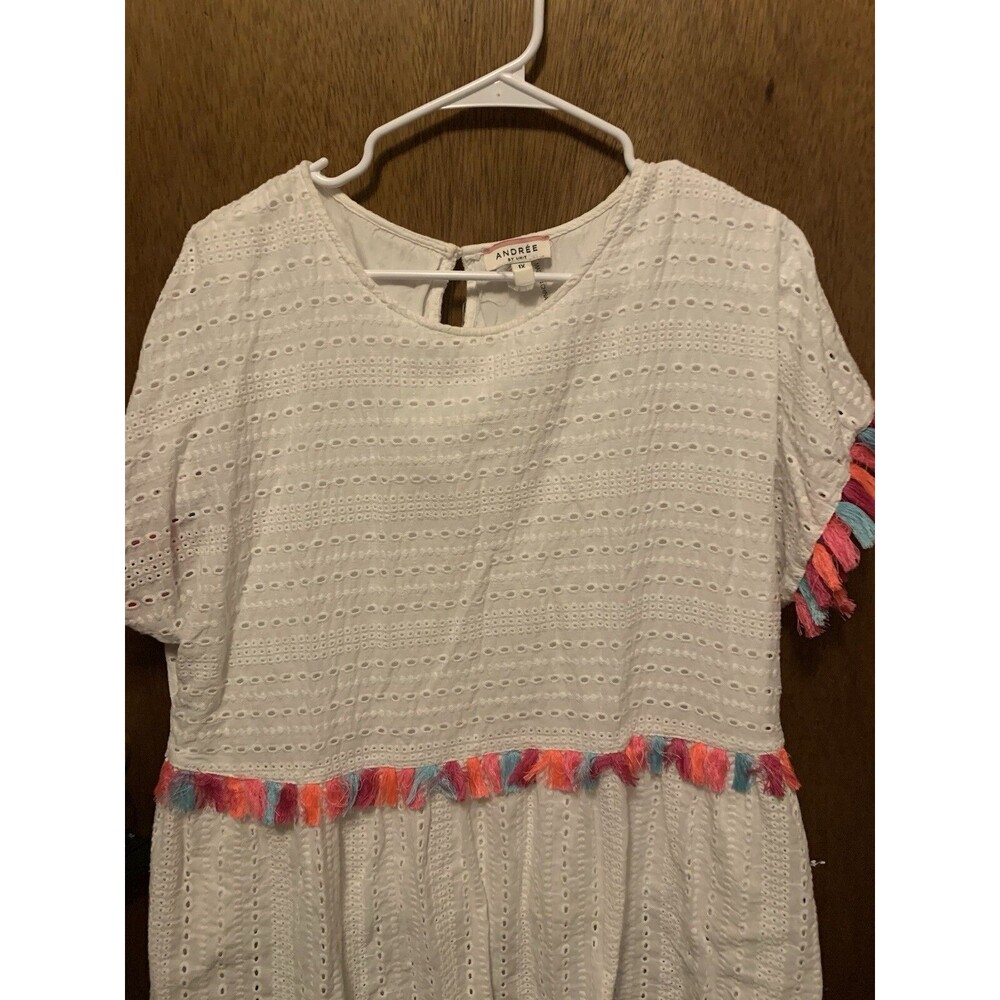 ANDREE BY UNIT White Eyelet Blouse with Multicolor Tassel Trim